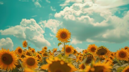 Sunflower field under a cloudy blue sky