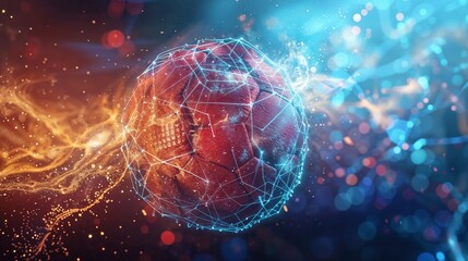 Glowing Red Soccer Ball with Digital Network Effects, Sci-Fi, Red and Blue, Sports Innovation