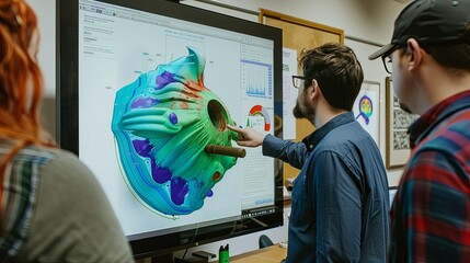 Scientists stand in front of an interactive display with a presentation of a drawing of some geological process. High technology in science. Computer modeling in geology is displayed on the screen.