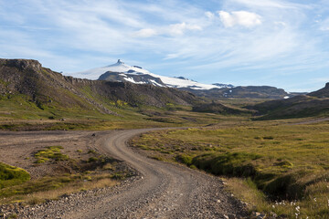 Snaefellsjokull National Park, Iceland. Gravel road leading to the Snaefellsjokull volcano.