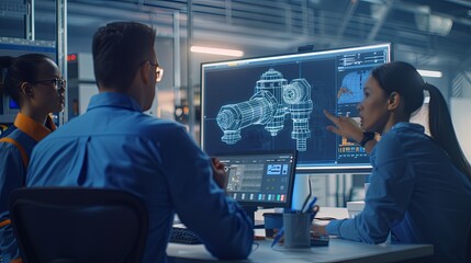 Engineers are standing in front of a large interactive whiteboard display with a presentation of a drawing of a piece of equipment. Innovative technology in the industry. Software for professionals.