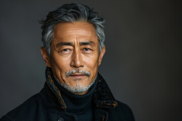 Asian 50-60 years old man in black coat with grey hair against dark gray background with copy space
