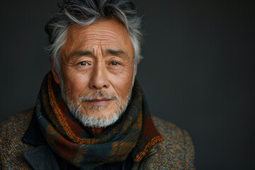 Asian 50-60 years old man wearing scarf against dark gray background with copy space