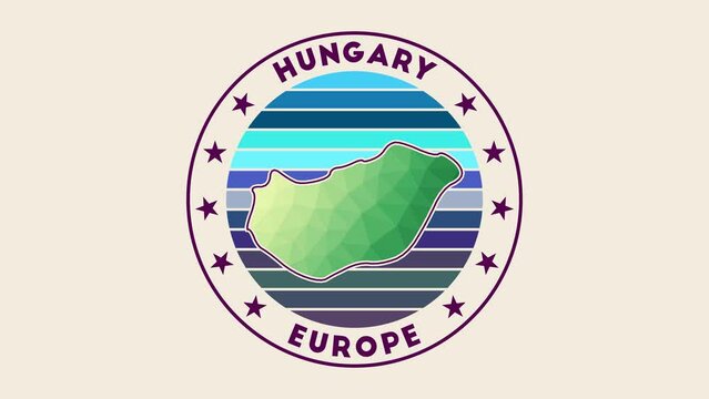 Hungary intro video. Badge with the circular name and map of the country in low poly tech geometric style. Authentic country round logo animation.