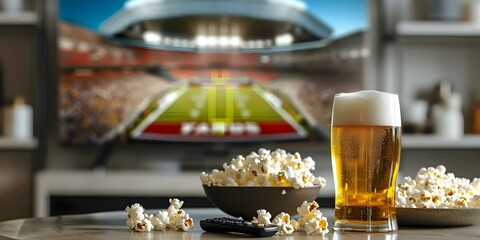 Creating a Modern Home Viewing Experience: Beer, Popcorn, Remote, and Football Stadium on the TV Screen. Concept Home Entertaining, Sports Viewing, Relaxation, Entertainment Setup, Modern Lifestyle