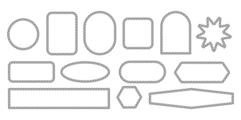 Vector rope frames set. Borders of different geometric shapes are oval, round, arch and square. Collection of isolated elements on transparent background. Editable stroke.a