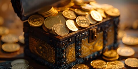 A chest overflowing with twinkling gold coins a gleaming fortune awaits. Concept Treasure Hunt, Wealthy Reserves, Shiny Gold, Hidden Fortune, Ladder to Riches
