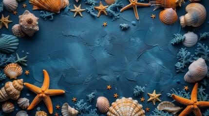 Sea Shells and Starfish on Blue Background