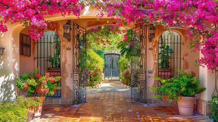 A Mediterranean villa entrance with a wrought-iron gate, terracotta tiles, and a cascade of bright bougainvillea flowers overhead.