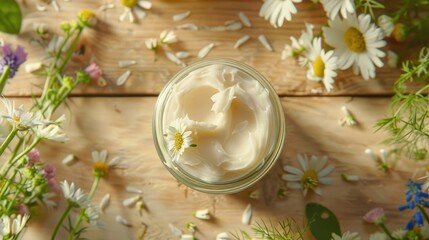 Top down view of a jar containing body cream and flowers placed on a wooden table