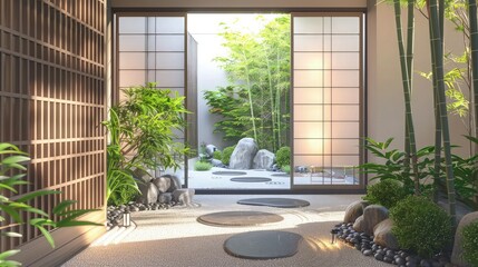 A minimalist Japanese entrance with sliding shoji doors, a neatly arranged rock garden, and bamboo plants, creating a serene and inviting atmosphere.