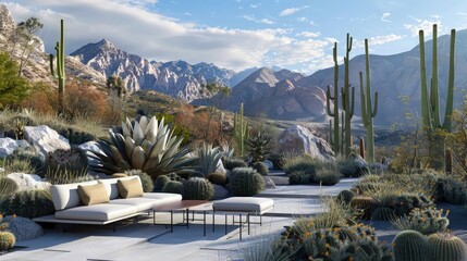 A minimalist desert garden sitting area with sleek, modern furniture set against a backdrop of dramatic cacti and rugged mountains, offering a pristine and well-managed outdoor escape.