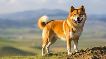 Majestic Akita: Confident Dog Standing on Hilltop Overlooking Valley with Clear Sky Background