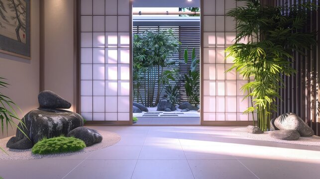 A minimalist Japanese entrance with sliding shoji doors, a neatly arranged rock garden, and bamboo plants, creating a serene and inviting atmosphere. - Powered by Adobe