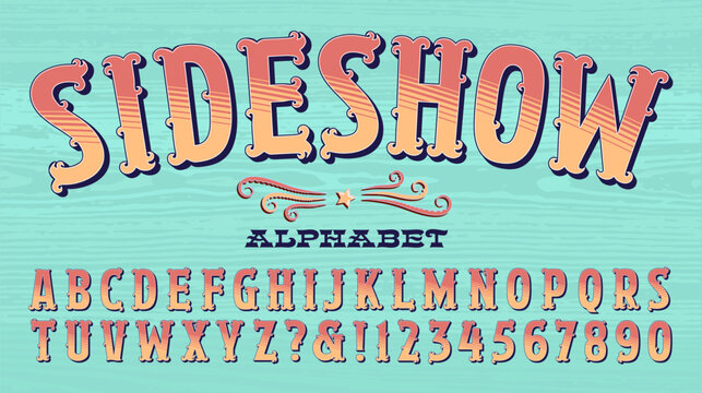 An ornate and colorful alphabet that might be used at a theme park, food stand, county fair, rodeo, poster, antique show, etc.
