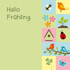  Hallo Frühling - Schriftzug in deutscher Sprache. Quadratische Karte mit Frühlingssymbolen in Pastellfarben.