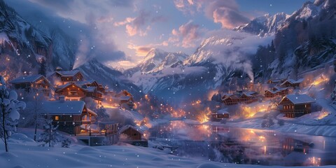 Cozy Evening in a Snowy Hamlet, generative ai