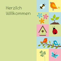 Herzlich Willkommen - Schriftzug in deutscher Sprache. Quadratische Karte mit Frühlingssymbolen in Pastellfarben.