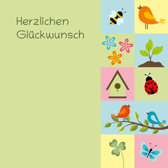 Herzlichen Glückwunsch - Schriftzug in deutscher Sprache. Quadratische Karte mit Frühlingssymbolen in Pastellfarben.