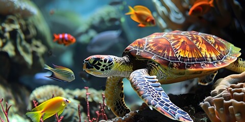 Vibrant underwater scene featuring a sea turtle and fish. Concept Underwater Photography, Sea...