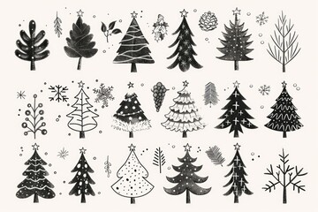 Christmas Tree Set. Hand Drawn Elements for Holiday Celebration