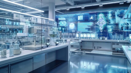 Obraz premium A modern pharmaceutical lab with sleek, transparent displays showing real-time analytics and simulations of drug interactions discovered by AI algorithms.