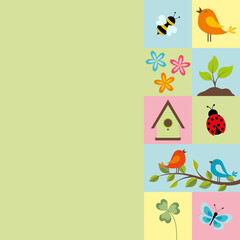 Quadratische Karte mit Frühlingssymbolen in Pastellfarben. Freier Platz für Text.