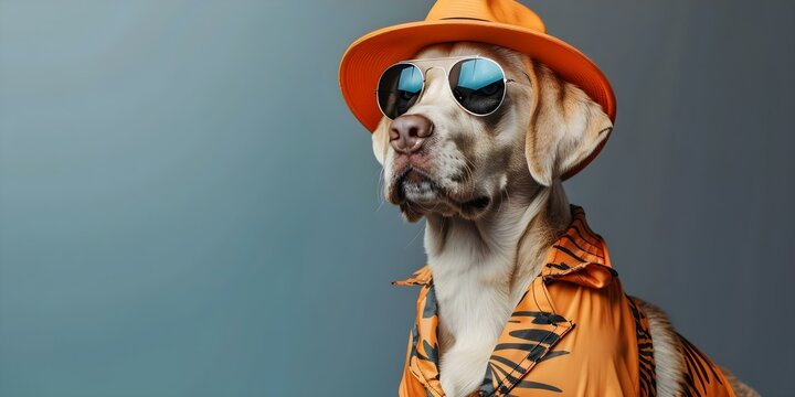 Fashionforward dog in trendy attire strikes a pose offering a customizable banner. Concept Pet Fashion, Trendy Outfits, Posed Pup, Customizable Banner