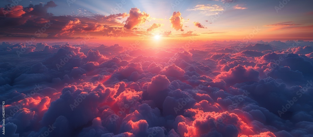 Wall mural aerial view of beautiful sunset above the clouds with dramatic light - Wall murals