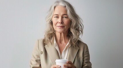 An older business woman in a beige blazer, holding a coffee cup, against a white background,