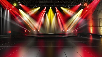 A modern stage with sleek black flooring and a series of spotlights casting vibrant red, green, and yellow lights, setting a dynamic and inviting scene for an event.