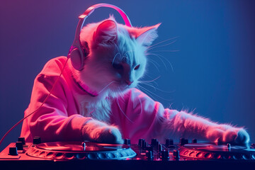 A cat with pink headphones is playfully placed on a DJ mixing console with turntables under colored...