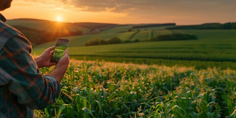 Fototapeta premium Man taking photo of field at sunset with smartphone. Rural lifestyle photography. Farming and technology concept. Banner with copy space