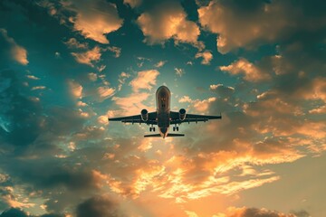Naklejka premium Airplane Engineering. Flying Aeroplane in the Business Sky at Sunset