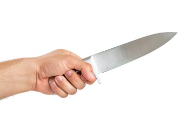 Hand With Knife. Collection of Steel Knife Held by Hand on White Background