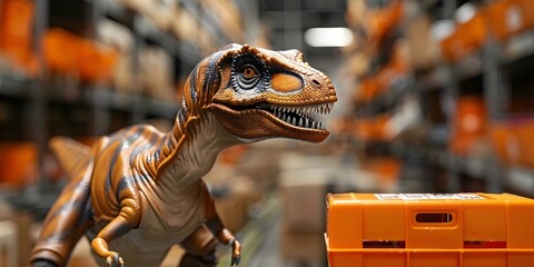 Velociraptor in factory amazed by T-rex's precise toy crafting. Concept Dinosaur, Factory,...