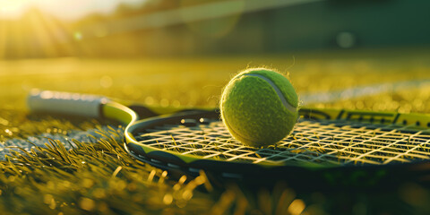 This image captures a tennis ball on the racket with golden sunlight illuminating the scene - Powered by Adobe