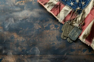 A patriotic flat lay featuring the American flag, military dog tags, and 'VETERANS DAY' text, paying tribute to the brave veterans. Illustration.