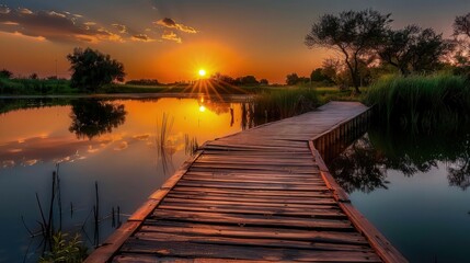 Fototapeta premium A peaceful evening with the sun setting over a wooden boardwalk in Ciudad Real, the sky painted in shades of orange and pink, reflecting gently on a still lake.