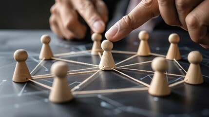 Strategic Connection Business Leadership and Teamwork Concept with Wooden Figures and Threads