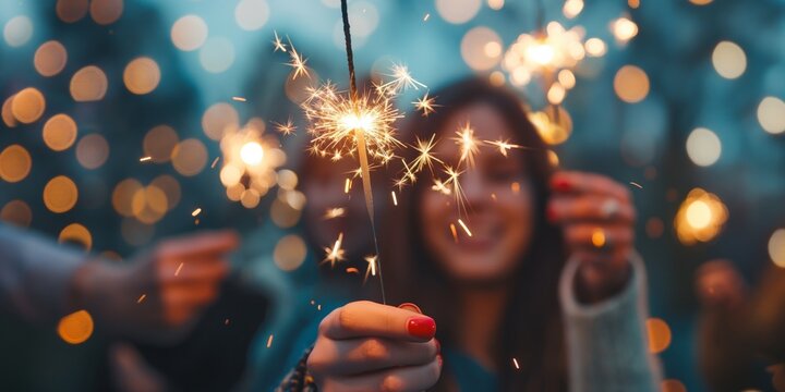 Close-up of an individual holding a sparkler in one hand and a blank card in the other with blurred bokeh lights in the background