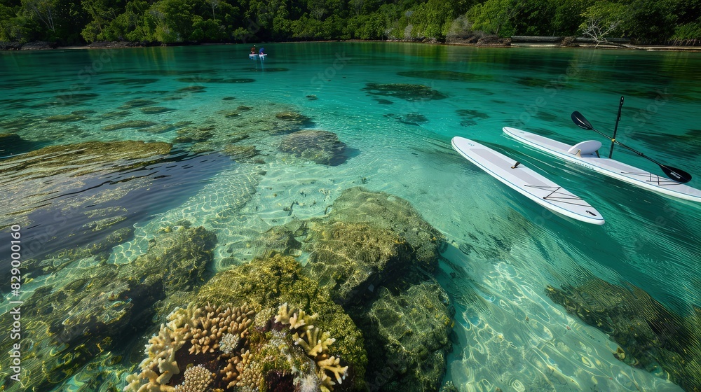 Canvas Prints A peaceful view of paddleboards anchored in shallow turquoise waters near a secluded tropical island, with a coral reef visible beneath the crystal clear surface.