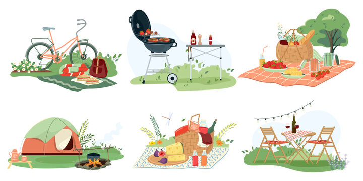Flat vector set of picnic compositions. Hand drawn illustrations baskets full of delicious, bbq grill, furniture, camping with tent for relax outdoor. Vector clipart with hampers for food and blanket