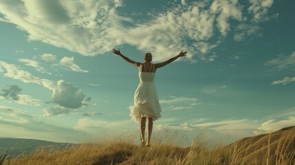 Fototapeta premium Empowering Moment: Woman's Joyful Liberation on Hilltop