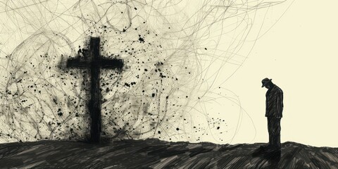 Silhouette of a man next to a cross, hope in faith during a depression, black charcoal drawing