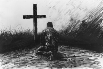 A man kneels before a cross and prays, black charcoal drawing