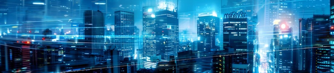 abstract cityscape panorama with blue color, glitch effect, motion blur 
