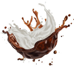 Beautiful splashes of milk and coffee isolated on transparent background. Mix of milk and coffee splashes 