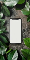 Mobile Phone Template. Contemporary App Advertisement Blank Screen on Table with Leaves