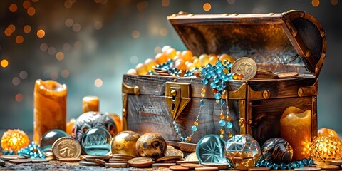 A Chest Overflowing with Glittering Coins, Jewels, and Priceless Treasures. Concept Treasure Chest, Wealth, Riches, Precious Gems, Valuables